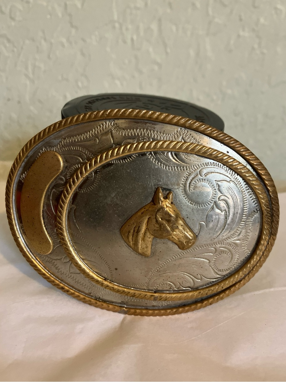 Vintage German Silver Oval Belt Buckle Brass Gold Tone Raised Horse Head